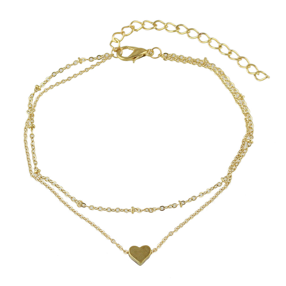 1 pc Beach Foot Jewellery Double layer Gold Chain Heart Charm Boho Chic Anklet-3