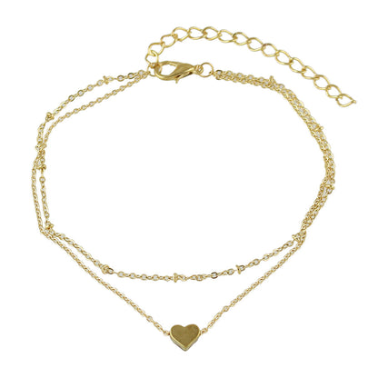1 pc Beach Foot Jewellery Double layer Gold Chain Heart Charm Boho Chic Anklet-3