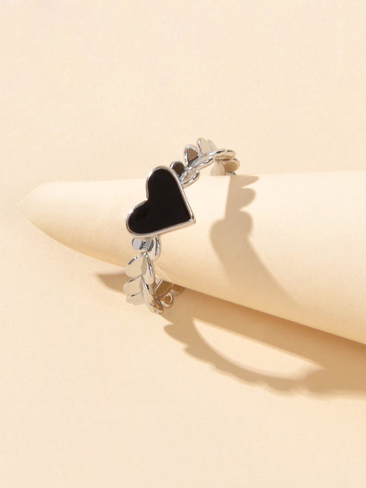 AU Post Open Adjustable Black Enamel Love Heart Silver Cuff Ring Party Jewellery-1