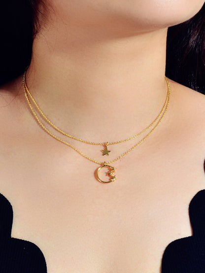 Awesome Jewelry Double layer Chain Star Circle Pendant Necklace Engagement Gift-0