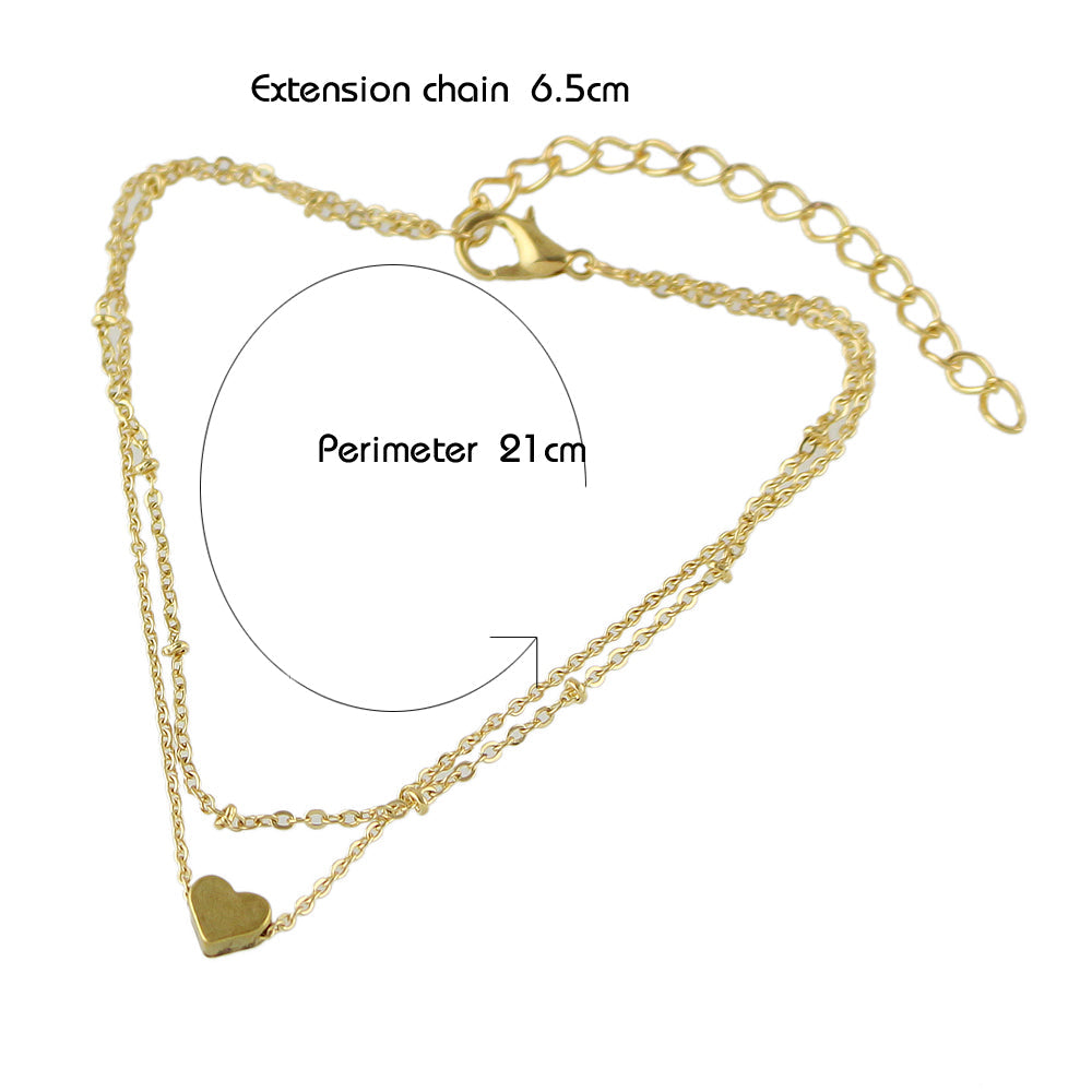 1 pc Beach Foot Jewellery Double layer Gold Chain Heart Charm Boho Chic Anklet-4