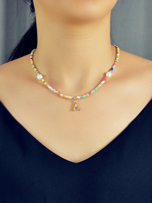 Boho Chic Pearl Colourful Seed Beads Chain Letter A Necklace Ethnic Accessories-0