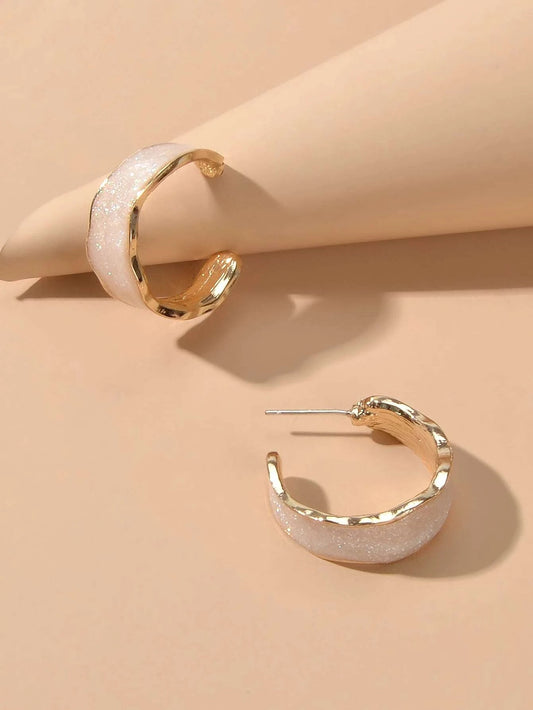 Pink Enamel Circle Shining Hoop Earrings C Shape Stud Teens Textured Jewellery-0