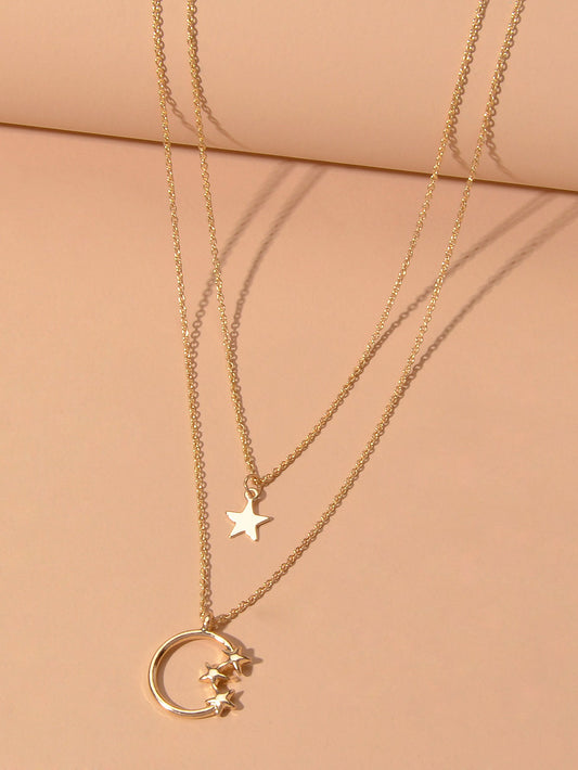 Awesome Jewelry Double layer Chain Star Circle Pendant Necklace Engagement Gift-1