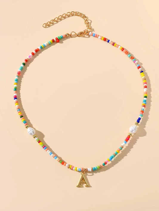 Boho Chic Pearl Colourful Seed Beads Chain Letter A Necklace Ethnic Accessories-1