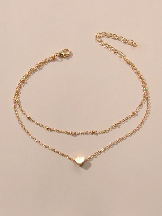 1 pc Beach Foot Jewellery Double layer Gold Chain Heart Charm Boho Chic Anklet-1