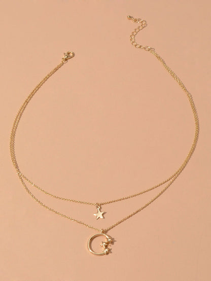 Awesome Jewelry Double layer Chain Star Circle Pendant Necklace Engagement Gift-2