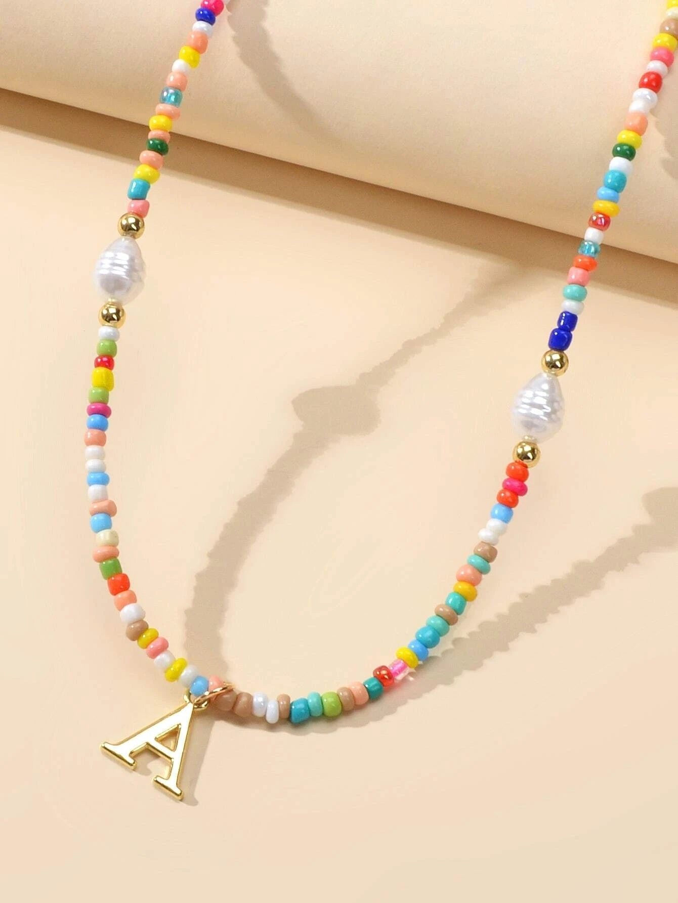 Boho Chic Pearl Colourful Seed Beads Chain Letter A Necklace Ethnic Accessories-2