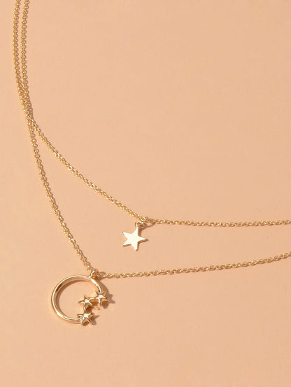 Awesome Jewelry Double layer Chain Star Circle Pendant Necklace Engagement Gift-3