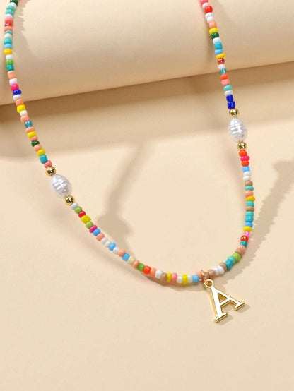 Boho Chic Pearl Colourful Seed Beads Chain Letter A Necklace Ethnic Accessories-3