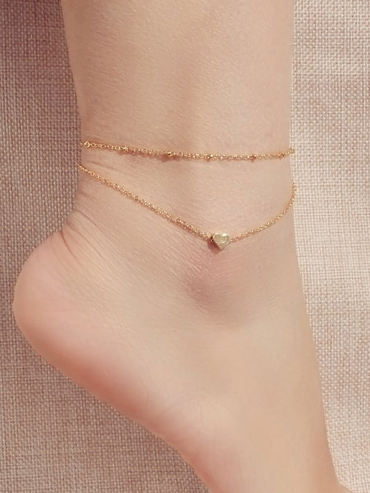 1 pc Beach Foot Jewellery Double layer Gold Chain Heart Charm Boho Chic Anklet-0